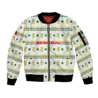 Senegal Christmas Sleeve Zip Bomber Jacket with White-Green-Yellow Design, Golden Lion, and Festive Stars Motif - Wonder Print Shop