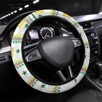 Senegal Christmas Steering Wheel Cover with White-Green-Yellow Design, Golden Lion, and Festive Stars Motif - Wonder Print Shop