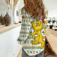 Senegal Christmas Women Casual Shirt with White-Green-Yellow Design, Golden Lion, and Festive Stars Motif - Wonder Print Shop