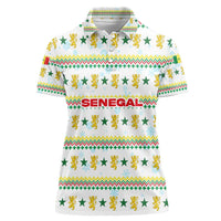 Senegal Christmas Women Polo Shirt with White-Green-Yellow Design, Golden Lion, and Festive Stars Motif - Wonder Print Shop