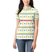 Senegal Christmas Women Polo Shirt with White-Green-Yellow Design, Golden Lion, and Festive Stars Motif - Wonder Print Shop