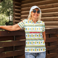 Senegal Christmas Women Polo Shirt with White-Green-Yellow Design, Golden Lion, and Festive Stars Motif - Wonder Print Shop