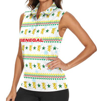Senegal Christmas Women Sleeveless Polo Shirt with White-Green-Yellow Design, Golden Lion, and Festive Stars Motif - Wonder Print Shop
