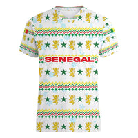 Senegal Christmas Women V-Neck T-Shirt with White-Green-Yellow Design, Golden Lion, and Festive Stars Motif - Wonder Print Shop