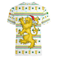 Senegal Christmas Women V-Neck T-Shirt with White-Green-Yellow Design, Golden Lion, and Festive Stars Motif - Wonder Print Shop