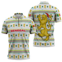 Senegal Christmas Zipper Polo Shirt with White-Green-Yellow Design, Golden Lion, and Festive Stars Motif - Wonder Print Shop