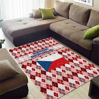 Czech Republic Christmas Area Rug with Red-White Checkered Design, Double-Tailed Lion, and Festive Motif - Wonder Print Shop