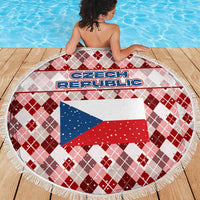 Czech Republic Christmas Beach Blanket with Red-White Checkered Design, Double-Tailed Lion, and Festive Motif - Wonder Print Shop