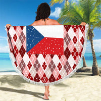Czech Republic Christmas Beach Blanket with Red-White Checkered Design, Double-Tailed Lion, and Festive Motif - Wonder Print Shop