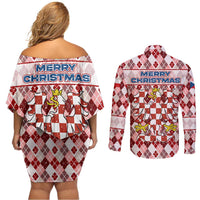 Czech Republic Christmas Couples Matching Off Shoulder Short Dress and Long Sleeve Button Shirt with Red-White Checkered Design, Double-Tailed Lion, and Festive Motif - Wonder Print Shop