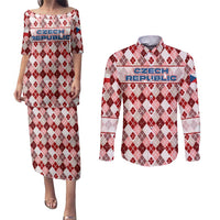 Czech Republic Christmas Couples Matching Puletasi and Long Sleeve Button Shirt with Red-White Checkered Design, Double-Tailed Lion, and Festive Motif - Wonder Print Shop