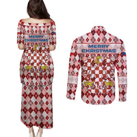Czech Republic Christmas Couples Matching Puletasi and Long Sleeve Button Shirt with Red-White Checkered Design, Double-Tailed Lion, and Festive Motif - Wonder Print Shop