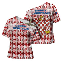 Czech Republic Christmas Cross Shoulder Shirt with Red-White Checkered Design, Double-Tailed Lion, and Festive Motif - Wonder Print Shop