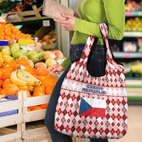 Czech Republic Christmas Grocery Bag with Red-White Checkered Design, Double-Tailed Lion, and Festive Motif - Wonder Print Shop