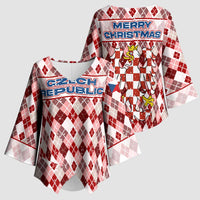 Czech Republic Christmas Kimono Sleeve Blouse with Red-White Checkered Design, Double-Tailed Lion, and Festive Motif - Wonder Print Shop