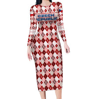 Czech Republic Christmas Long Sleeve Bodycon Dress with Red-White Checkered Design, Double-Tailed Lion, and Festive Motif - Wonder Print Shop