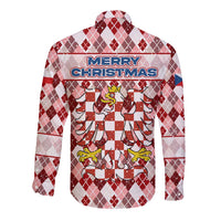 Czech Republic Christmas Long Sleeve Button Shirt with Red-White Checkered Design, Double-Tailed Lion, and Festive Motif - Wonder Print Shop