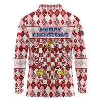 Czech Republic Christmas Long Sleeve Polo Shirt with Red-White Checkered Design, Double-Tailed Lion, and Festive Motif - Wonder Print Shop