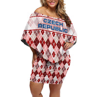 Czech Republic Christmas Off Shoulder Short Dress with Red-White Checkered Design, Double-Tailed Lion, and Festive Motif - Wonder Print Shop