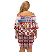 Czech Republic Christmas Off Shoulder Short Dress with Red-White Checkered Design, Double-Tailed Lion, and Festive Motif - Wonder Print Shop