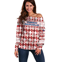 Czech Republic Christmas Off Shoulder Sweater with Red-White Checkered Design, Double-Tailed Lion, and Festive Motif - Wonder Print Shop