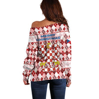 Czech Republic Christmas Off Shoulder Sweater with Red-White Checkered Design, Double-Tailed Lion, and Festive Motif - Wonder Print Shop
