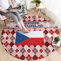 Czech Republic Christmas Round Carpet with Red-White Checkered Design, Double-Tailed Lion, and Festive Motif - Wonder Print Shop