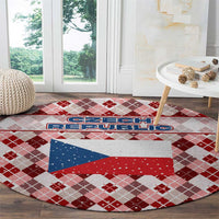 Czech Republic Christmas Round Carpet with Red-White Checkered Design, Double-Tailed Lion, and Festive Motif - Wonder Print Shop