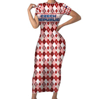 Czech Republic Christmas Short Sleeve Bodycon Dress with Red-White Checkered Design, Double-Tailed Lion, and Festive Motif - Wonder Print Shop