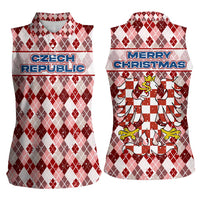 Czech Republic Christmas Women Sleeveless Polo Shirt with Red-White Checkered Design, Double-Tailed Lion, and Festive Motif - Wonder Print Shop
