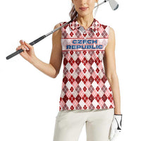 Czech Republic Christmas Women Sleeveless Polo Shirt with Red-White Checkered Design, Double-Tailed Lion, and Festive Motif - Wonder Print Shop