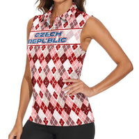 Czech Republic Christmas Women Sleeveless Polo Shirt with Red-White Checkered Design, Double-Tailed Lion, and Festive Motif - Wonder Print Shop