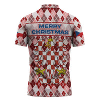 Czech Republic Christmas Zipper Polo Shirt with Red-White Checkered Design, Double-Tailed Lion, and Festive Motif - Wonder Print Shop