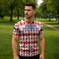 Czech Republic Christmas Zipper Polo Shirt with Red-White Checkered Design, Double-Tailed Lion, and Festive Motif - Wonder Print Shop