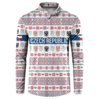 Czech Republic Christmas Button Sweatshirt with Folk Embroidery Design, National Coat of Arms, and Festive Motif - Wonder Print Shop