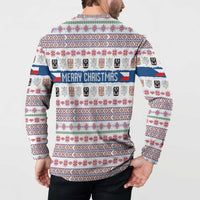 Czech Republic Christmas Button Sweatshirt with Folk Embroidery Design, National Coat of Arms, and Festive Motif - Wonder Print Shop