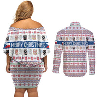 Czech Republic Christmas Couples Matching Off Shoulder Short Dress and Long Sleeve Button Shirt with Folk Embroidery Design, National Coat of Arms, and Festive Motif - Wonder Print Shop