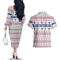 Czech Republic Christmas Couples Matching Off The Shoulder Long Sleeve Dress and Hawaiian Shirt with Folk Embroidery Design, National Coat of Arms, and Festive Motif - Wonder Print Shop