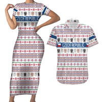 Czech Republic Christmas Couples Matching Short Sleeve Bodycon Dress and Hawaiian Shirt with Folk Embroidery Design, National Coat of Arms, and Festive Motif - Wonder Print Shop