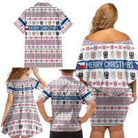 Czech Republic Christmas Family Matching Off Shoulder Short Dress and Hawaiian Shirt with Folk Embroidery Design, National Coat of Arms, and Festive Motif - Wonder Print Shop
