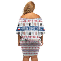 Czech Republic Christmas Family Matching Off Shoulder Short Dress and Hawaiian Shirt with Folk Embroidery Design, National Coat of Arms, and Festive Motif - Wonder Print Shop