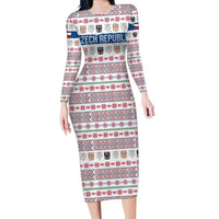 Czech Republic Christmas Long Sleeve Bodycon Dress with Folk Embroidery Design, National Coat of Arms, and Festive Motif - Wonder Print Shop
