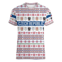 Czech Republic Christmas Women V-Neck T-Shirt with Folk Embroidery Design, National Coat of Arms, and Festive Motif - Wonder Print Shop