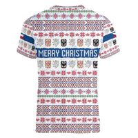 Czech Republic Christmas Women V-Neck T-Shirt with Folk Embroidery Design, National Coat of Arms, and Festive Motif - Wonder Print Shop