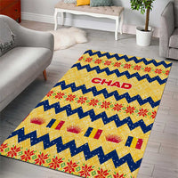 Chad Christmas Area Rug with Yellow-Blue Geometric Design, National Coat of Arms, and Festive Motif - Wonder Print Shop
