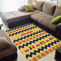 Chad Christmas Area Rug with Yellow-Blue Geometric Design, National Coat of Arms, and Festive Motif - Wonder Print Shop