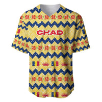 Chad Christmas Baseball Jersey with Yellow-Blue Geometric Design, National Coat of Arms, and Festive Motif - Wonder Print Shop
