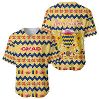 Chad Christmas Baseball Jersey with Yellow-Blue Geometric Design, National Coat of Arms, and Festive Motif - Wonder Print Shop