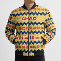 Chad Christmas Bomber Puffer Jacket with Yellow-Blue Geometric Design, National Coat of Arms, and Festive Motif - Wonder Print Shop
