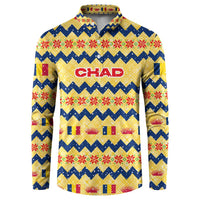 Chad Christmas Button Sweatshirt with Yellow-Blue Geometric Design, National Coat of Arms, and Festive Motif - Wonder Print Shop